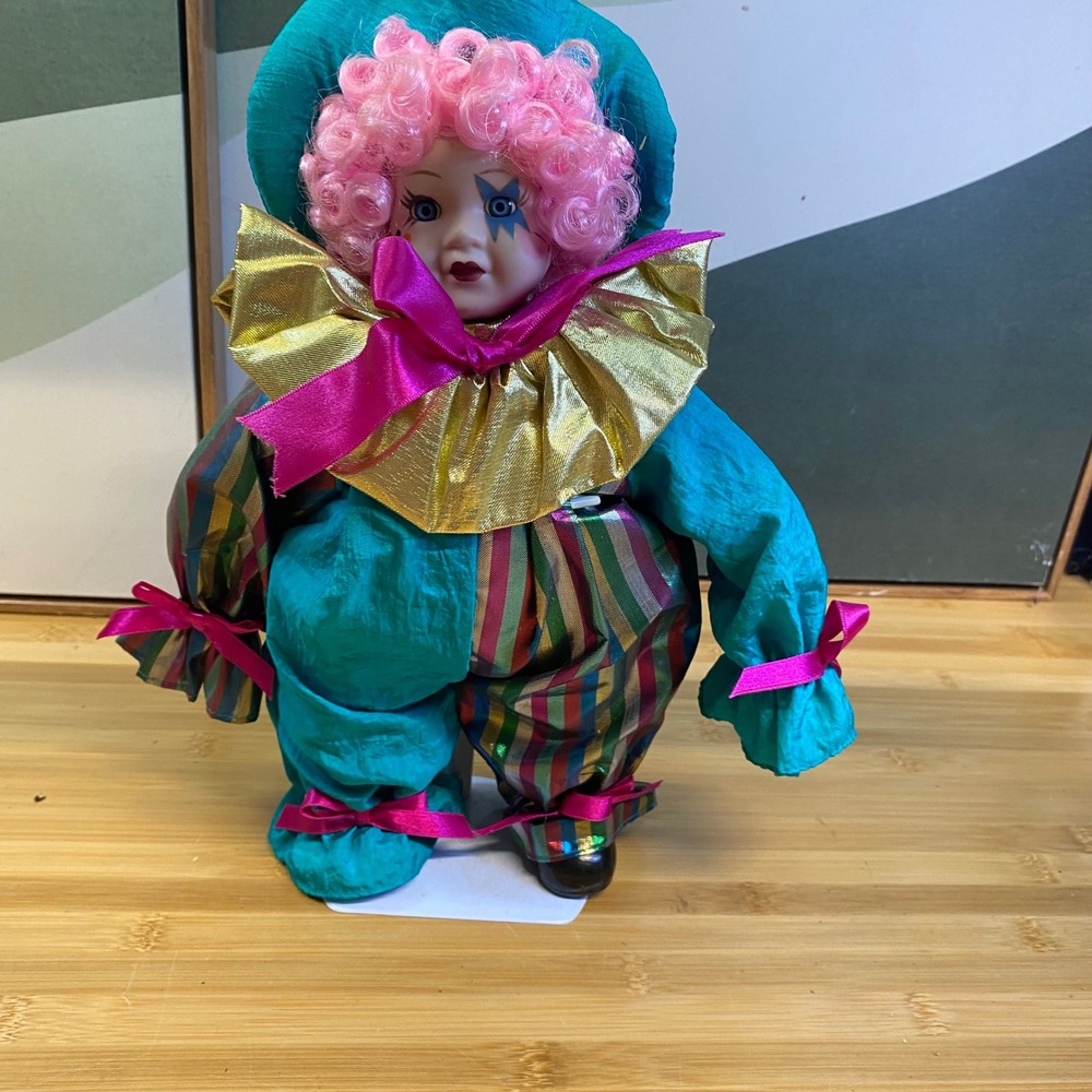 Unbranded Porcelain Clown Doll Unisex OS Teal Pink Rainbow Star Face Harlequin